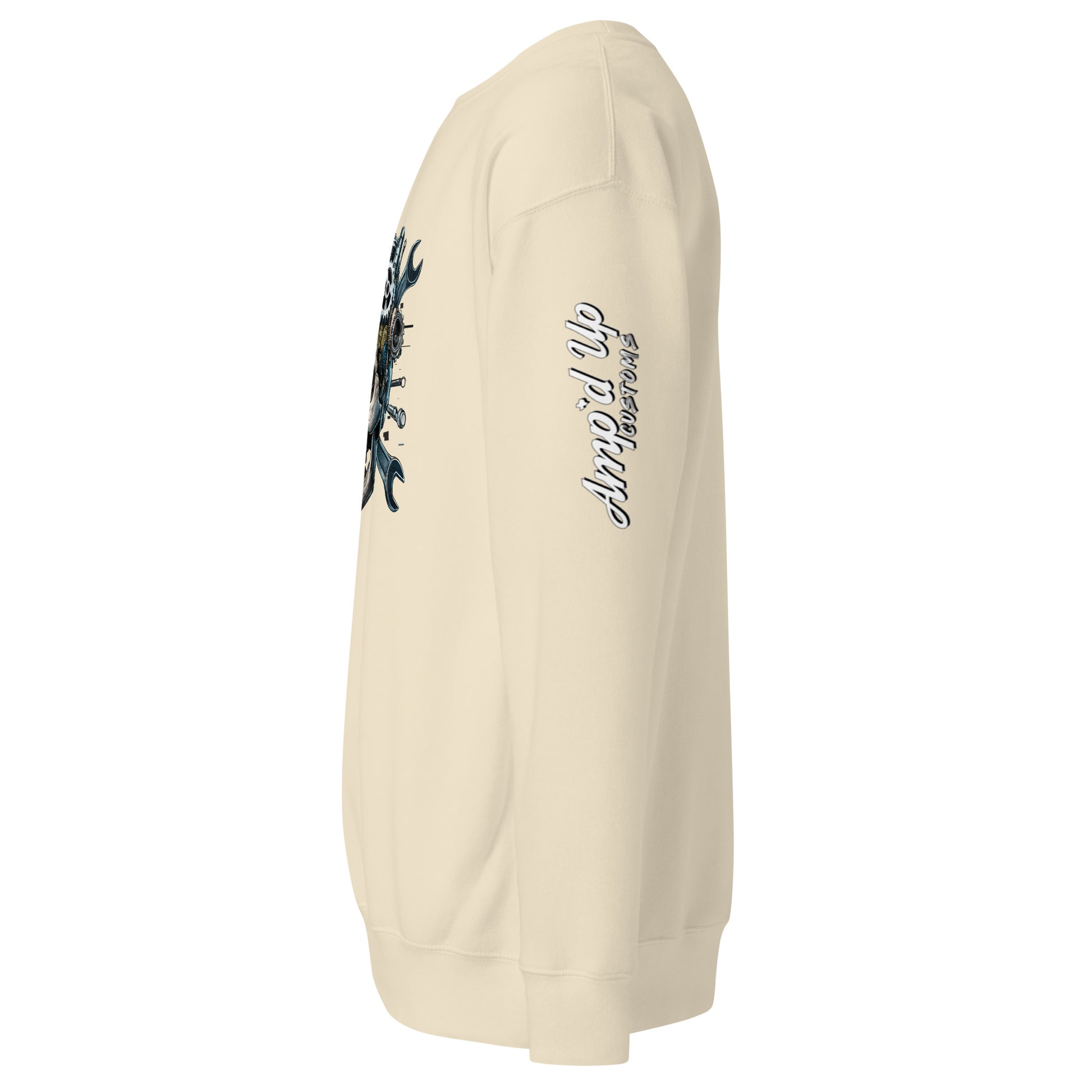 Amp'd Up Custom Skull Mechanic Sweatshirt in cream color with unique graphic design on the front
