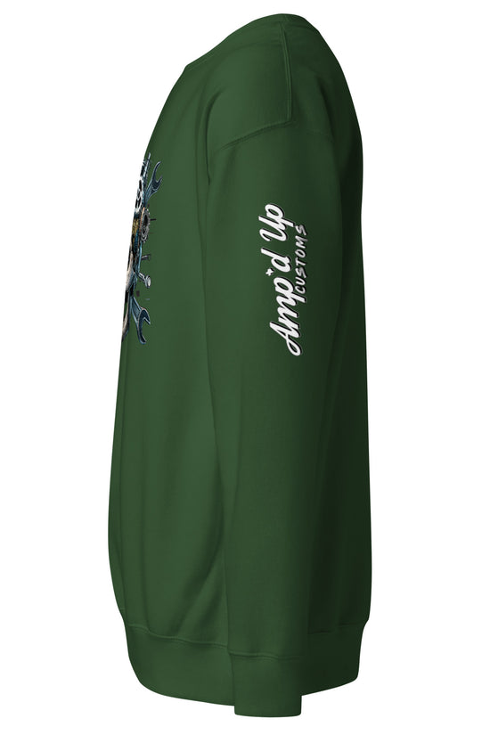 Amp'd Up Custom Skull Mechanic Sweatshirt in green with side view showcasing graphic design