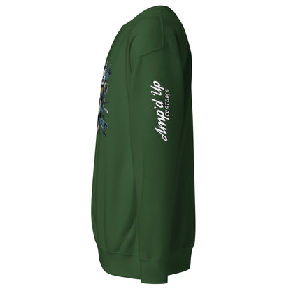 Amp'd Up Custom Skull Mechanic Sweatshirt in green with side view showcasing graphic design