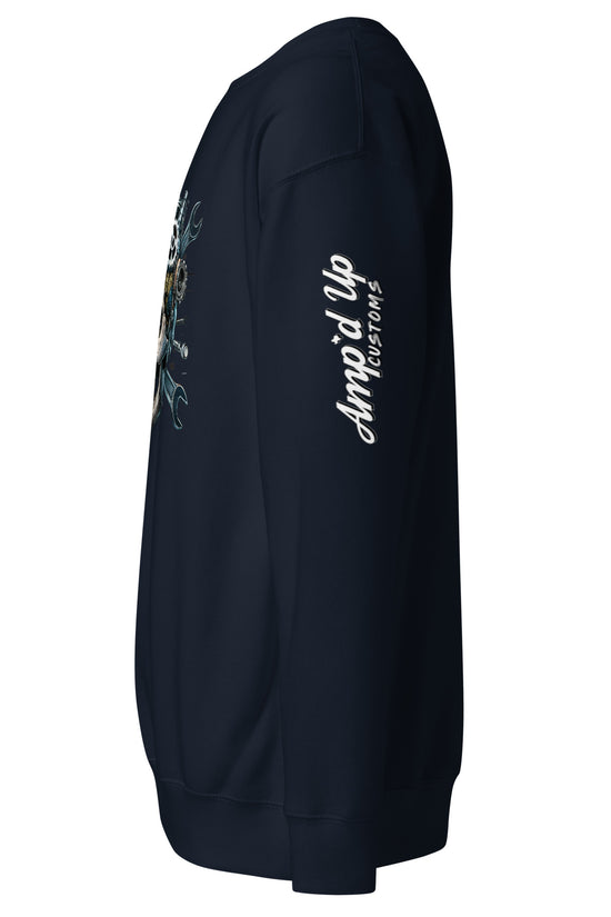 Amp'd Up Custom Skull Mechanic Sweatshirt in Navy with Unique Graphic Design