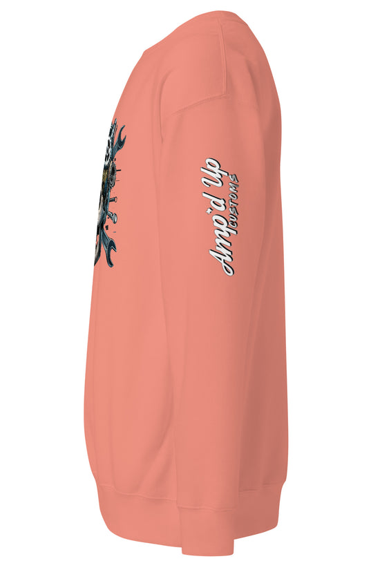 Amp'd Up Custom Skull Mechanic Sweatshirt in coral color featuring unique graphic design