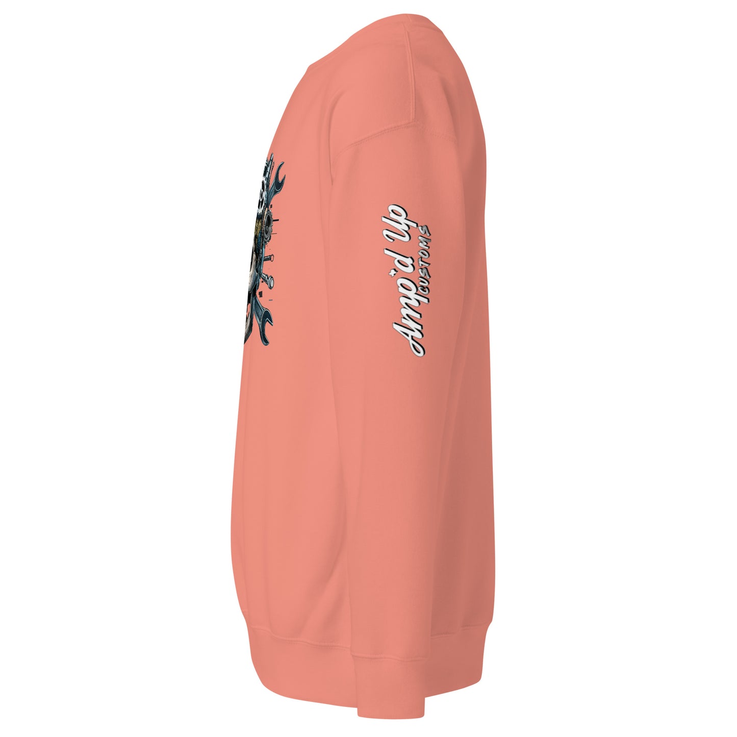 Amp'd Up Custom Skull Mechanic Sweatshirt in coral color featuring unique graphic design