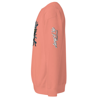 Amp'd Up Custom Skull Mechanic Sweatshirt in coral color featuring unique graphic design