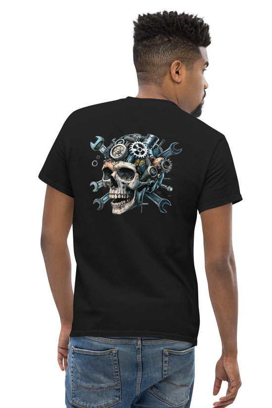 Skull Mechanic T-Shirt with detailed back illustration featuring a skull and mechanical elements