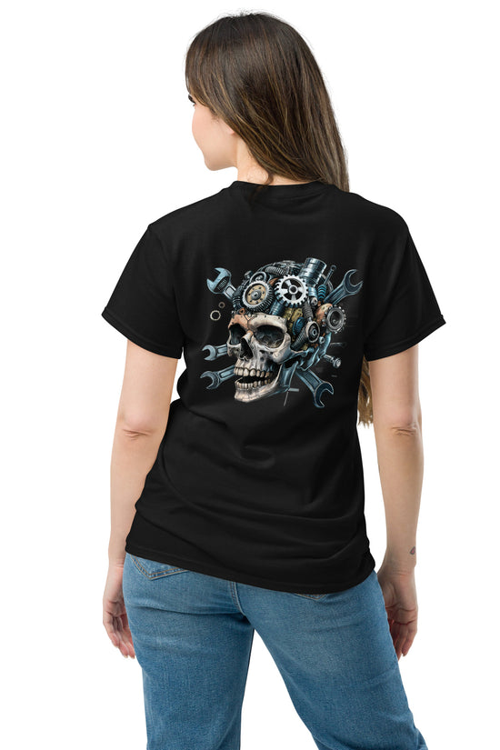 Skull Mechanic T-Shirt with a detailed back illustration featuring skull and tools design
