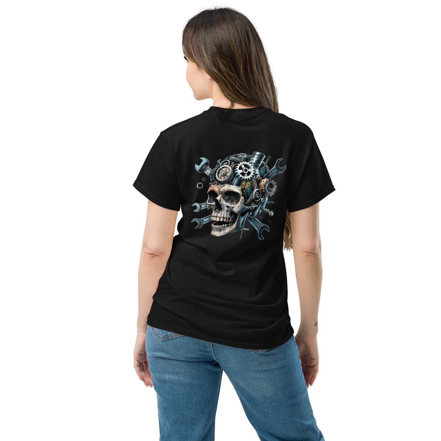 Skull Mechanic T-Shirt with a detailed back illustration featuring skull and tools design