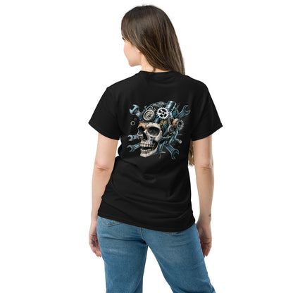 Skull Mechanic T-Shirt with a detailed back illustration featuring skull and tools design