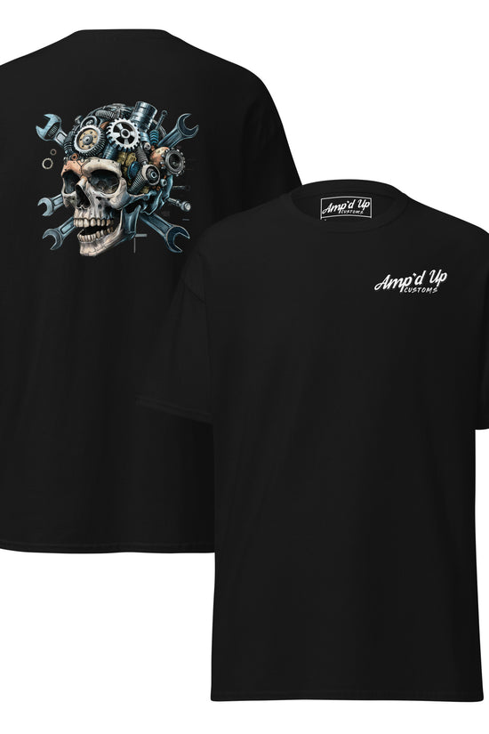 Skull Mechanic T-Shirt with detailed back illustration featuring gears and tools design