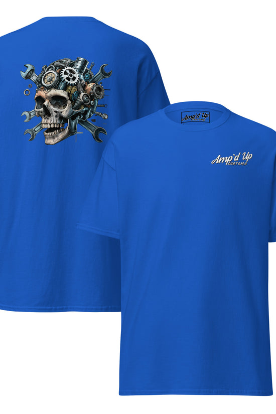 Skull Mechanic T-Shirt with Back Illustration Featuring Gears and Tools on a Blue Background