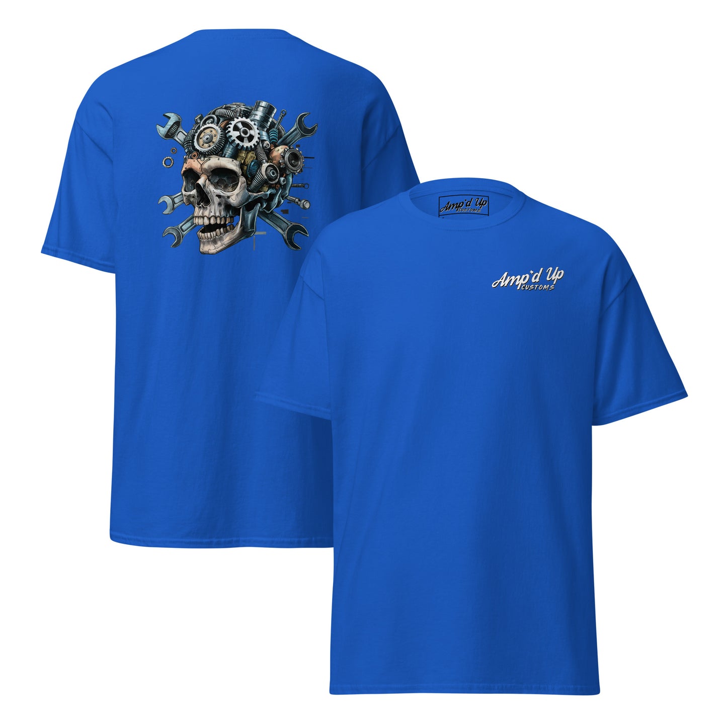 Skull Mechanic T-Shirt with Back Illustration Featuring Gears and Tools on a Blue Background