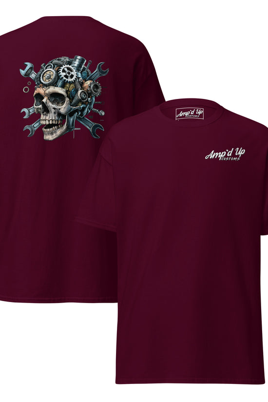 Skull Mechanic T-Shirt with detailed back illustration of a skull and mechanical gears