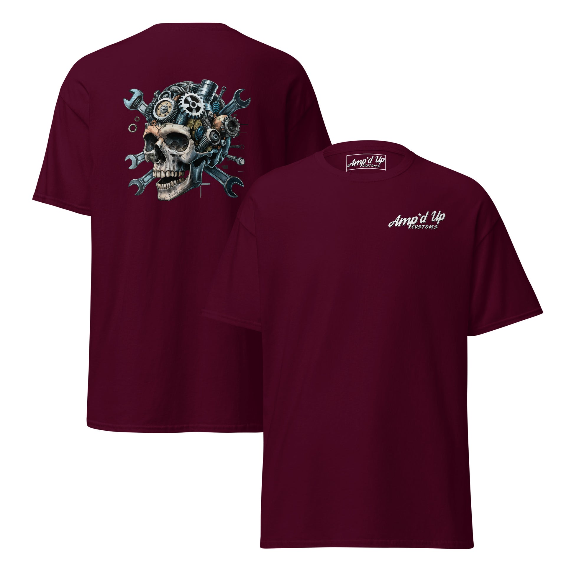 Skull Mechanic T-Shirt with detailed back illustration of a skull and mechanical gears