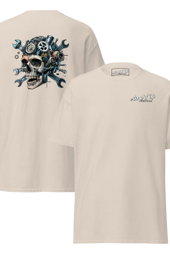 Skull Mechanic T-Shirt with detailed back illustration featuring gears and wrenches