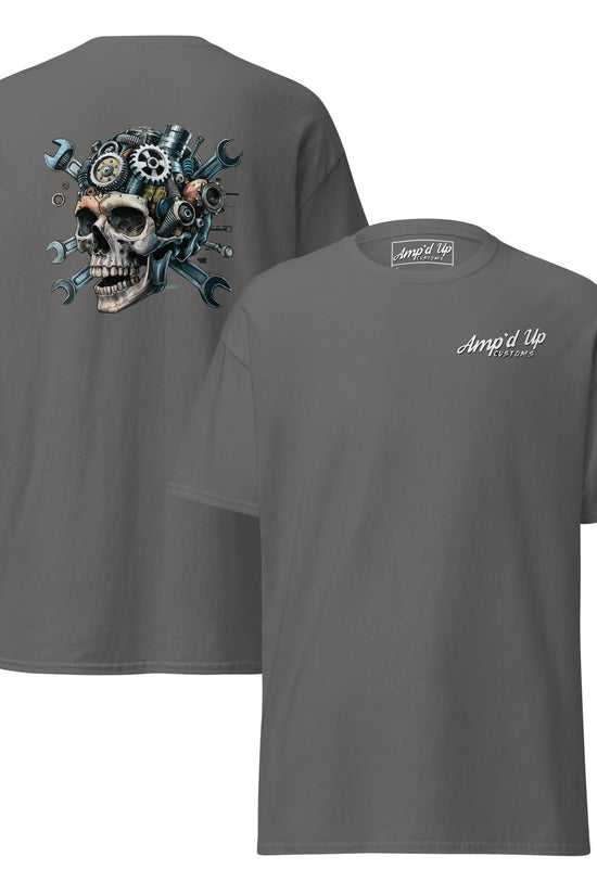 Skull Mechanic T-Shirt with back illustration featuring gears and tools on a gray background