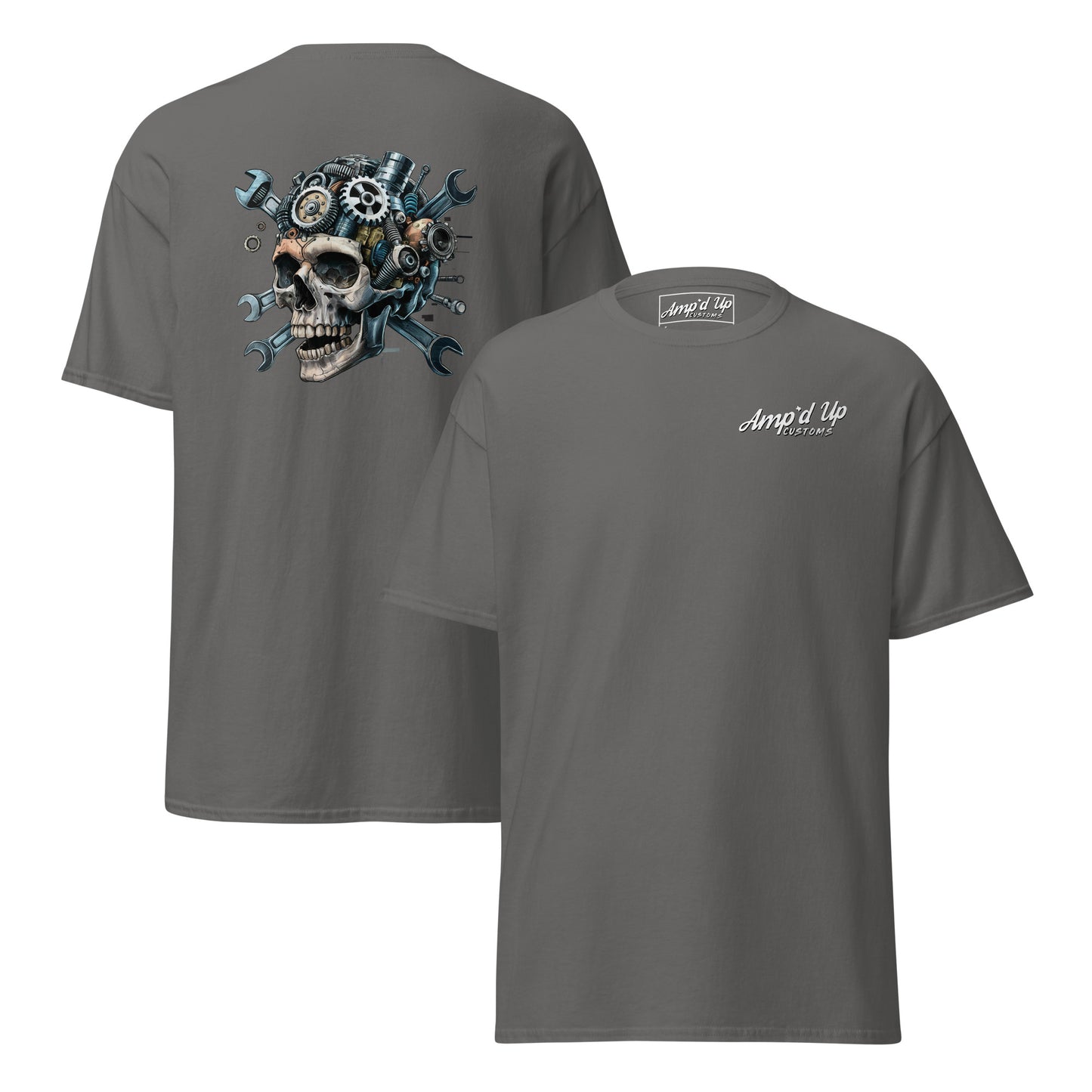 Skull Mechanic T-Shirt with back illustration featuring gears and tools on a gray background