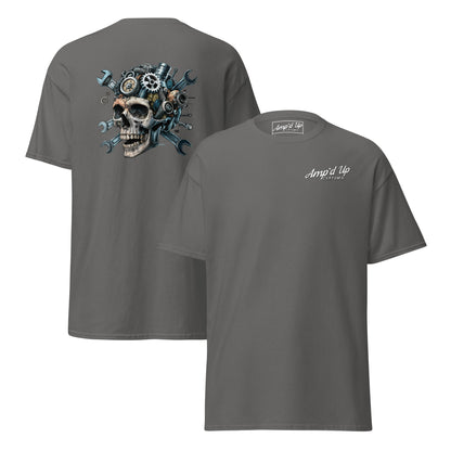 Skull Mechanic T-Shirt with back illustration featuring gears and tools on a gray background