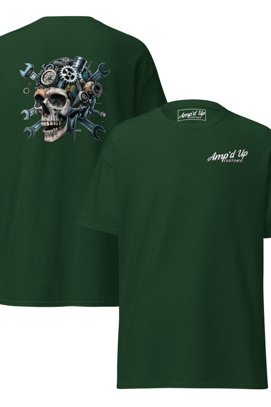 Skull Mechanic T-Shirt with a detailed back illustration featuring gears and tools
