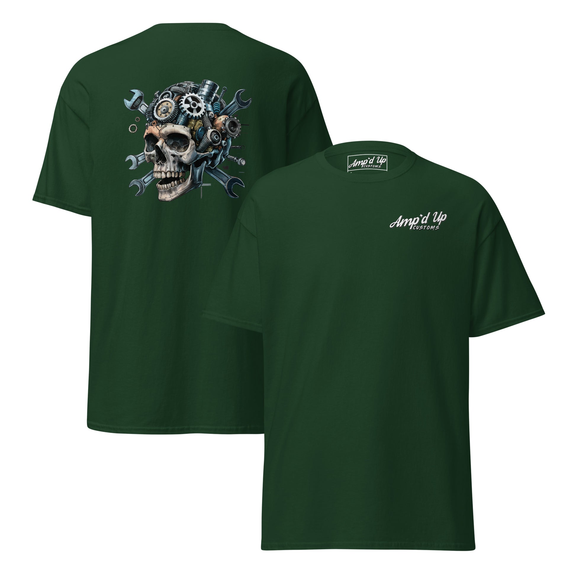 Skull Mechanic T-Shirt with a detailed back illustration featuring gears and tools