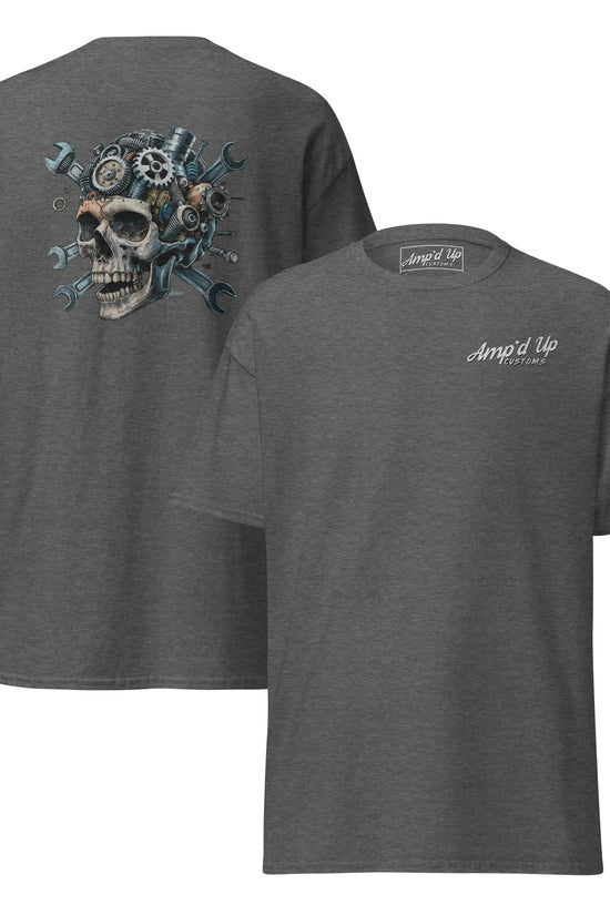 Skull Mechanic T-Shirt featuring a striking back illustration with gears and tools on a dark gray fabric