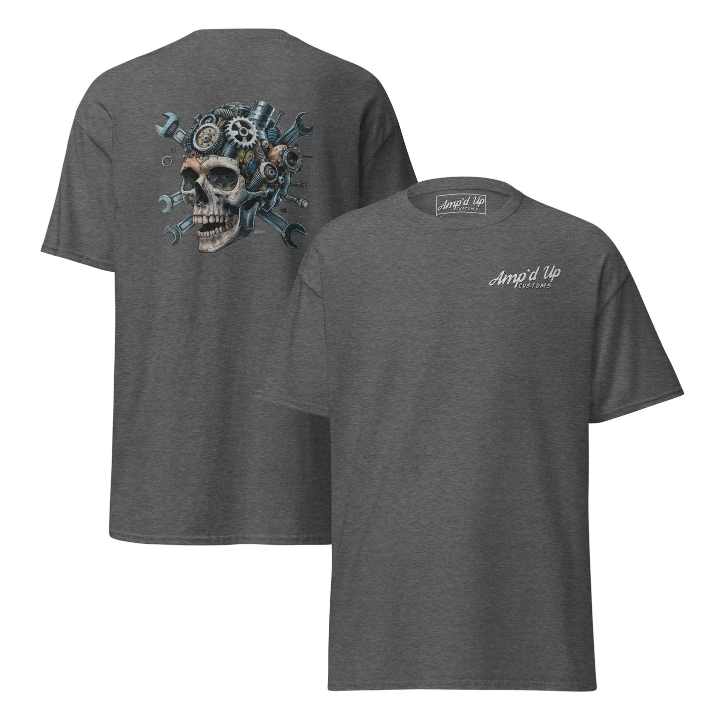 Skull Mechanic T-Shirt featuring a striking back illustration with gears and tools on a dark gray fabric