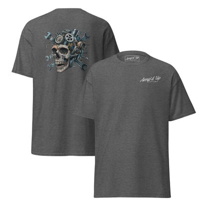 Skull Mechanic T-Shirt featuring a striking back illustration with gears and tools on a dark gray fabric