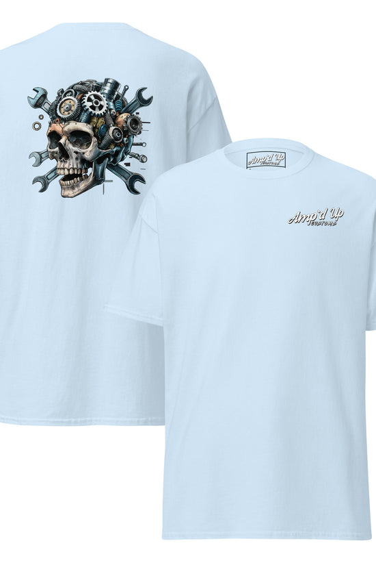 Skull Mechanic T-Shirt featuring a detailed back illustration with gears and tools