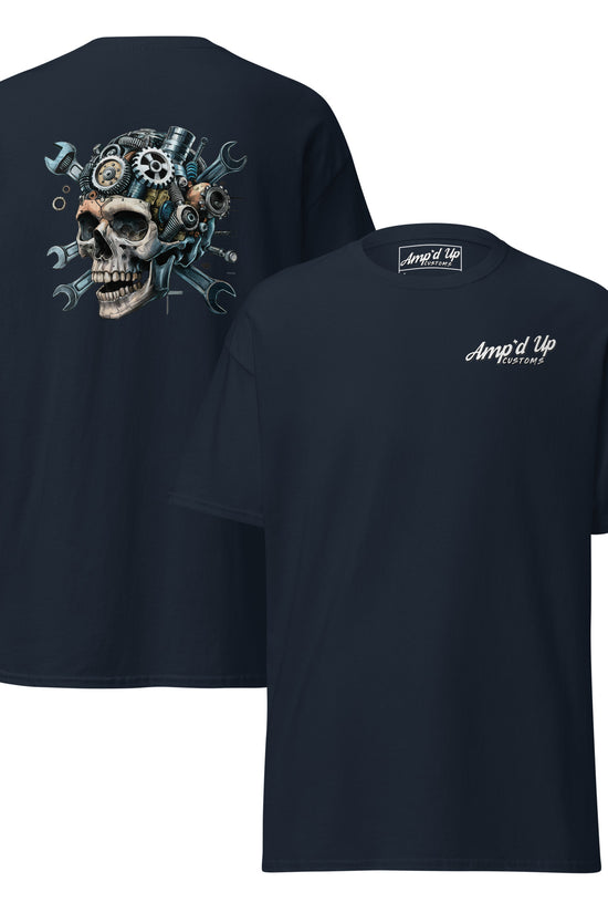 Skull Mechanic T-Shirt with detailed back illustration featuring gears and tools on a navy background