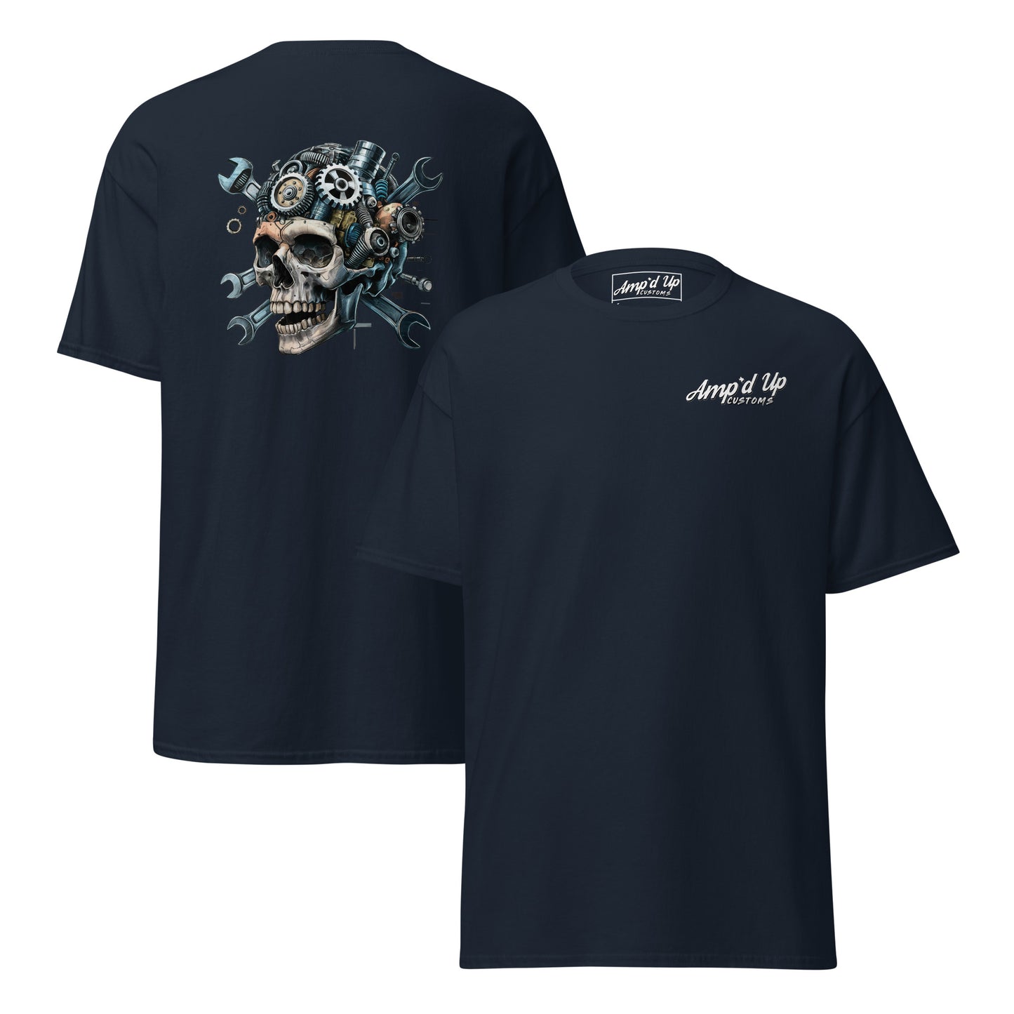 Skull Mechanic T-Shirt with detailed back illustration featuring gears and tools on a navy background