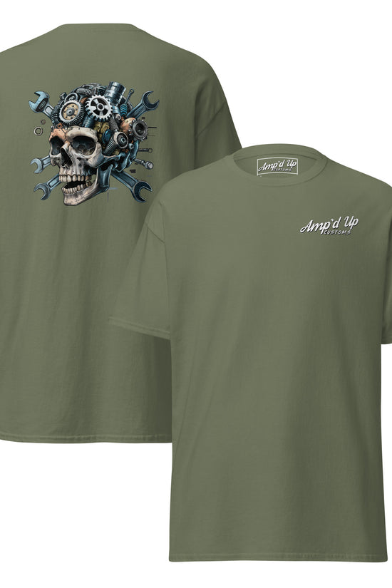 Skull Mechanic T-Shirt with back illustration featuring gears and wrenches in unique design from Amp'd Up Custom