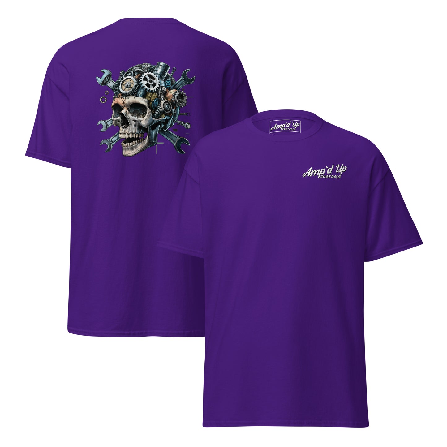 Skull Mechanic T-Shirt featuring a detailed back illustration with gears and tools on a purple background