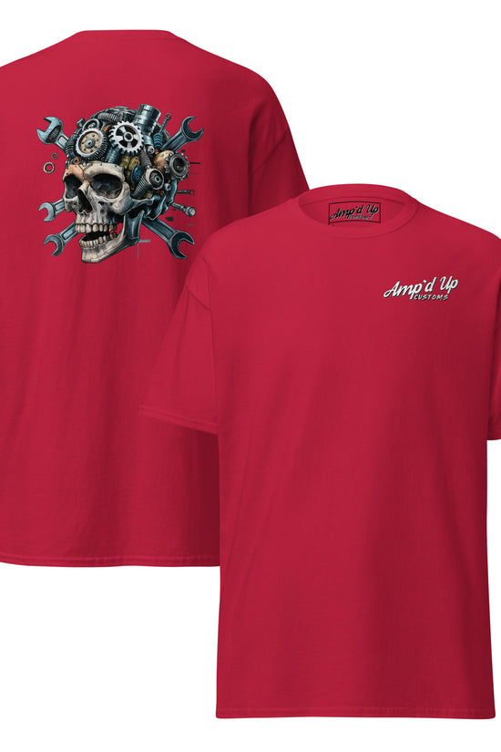 Red Skull Mechanic T-Shirt with a detailed back illustration featuring a skull and mechanical gears