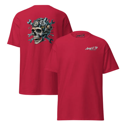Red Skull Mechanic T-Shirt with a detailed back illustration featuring a skull and mechanical gears