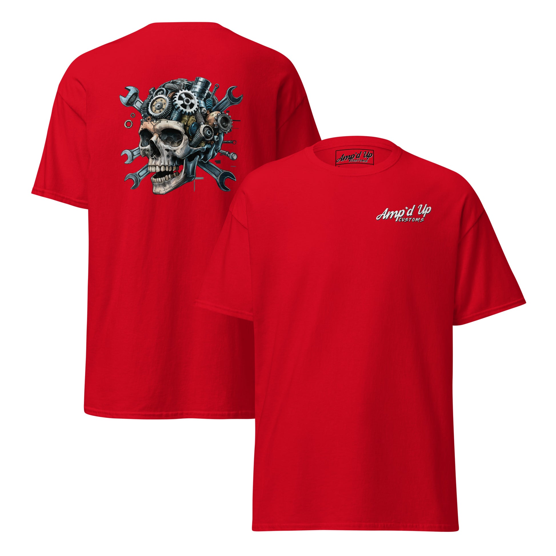 Red Skull Mechanic T-Shirt with back illustration of a skull and gears for automotive enthusiasts