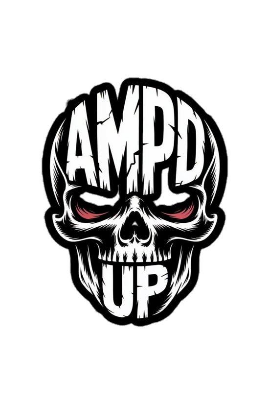 Amp'd Up Skull Sticker featuring a bold skull design with striking red eyes and a gritty font