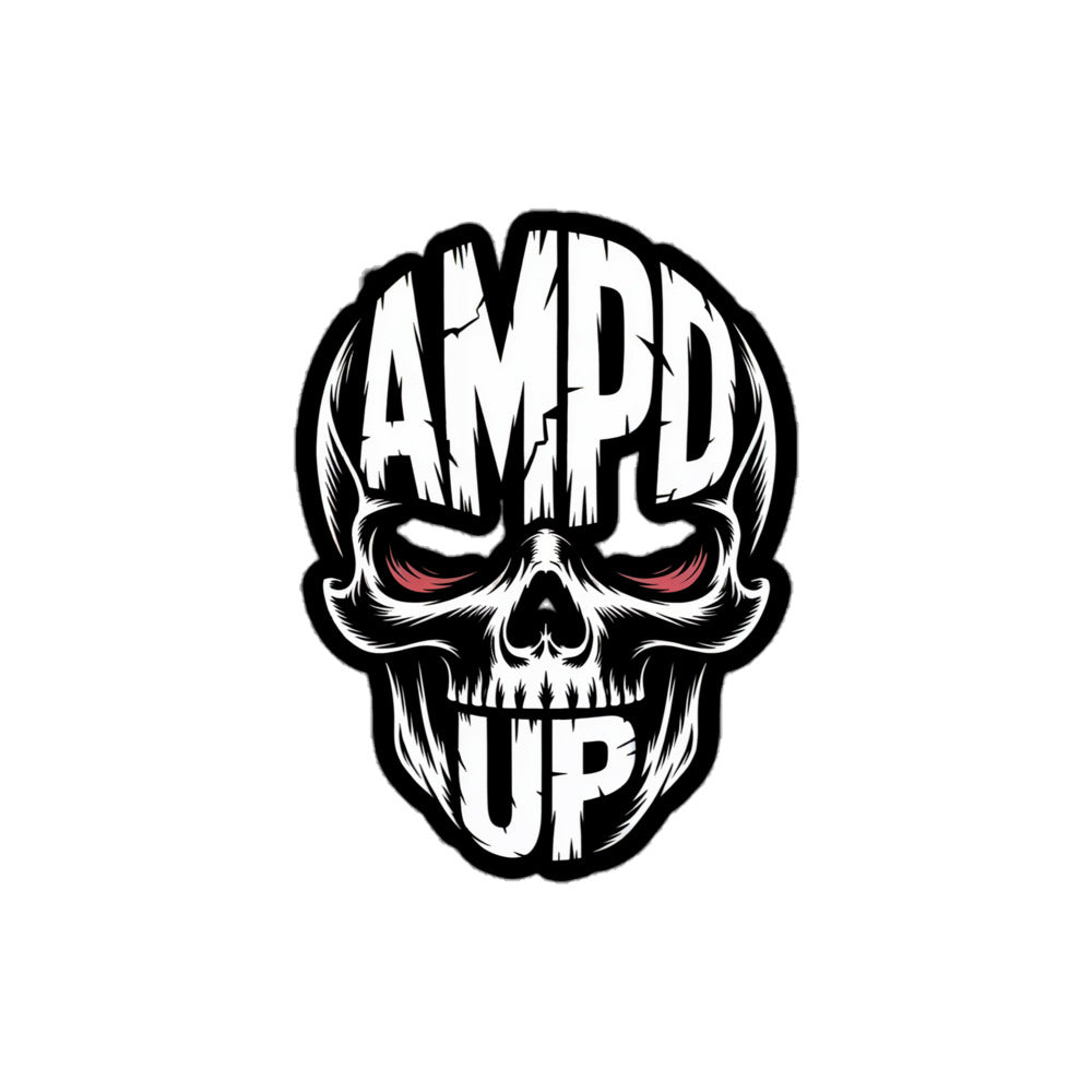 Amp'd Up Skull Sticker featuring a bold skull design with striking red eyes and a gritty font