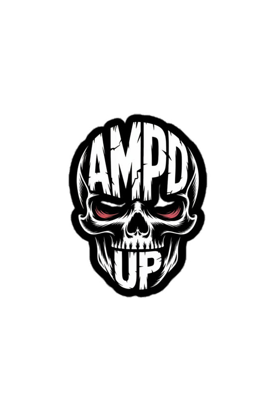 Amp'd Up Skull Sticker featuring a fierce skull design with red eyes and bold lettering