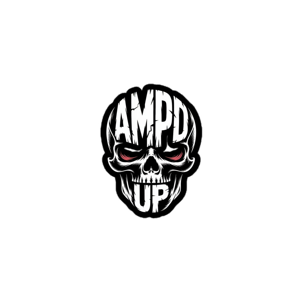 Amp'd Up Skull Sticker featuring a fierce skull design with red eyes and bold lettering