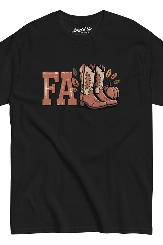 Black Southern Fall T-Shirt by Amp'd Up Custom with cowboy boots and pumpkin fall design