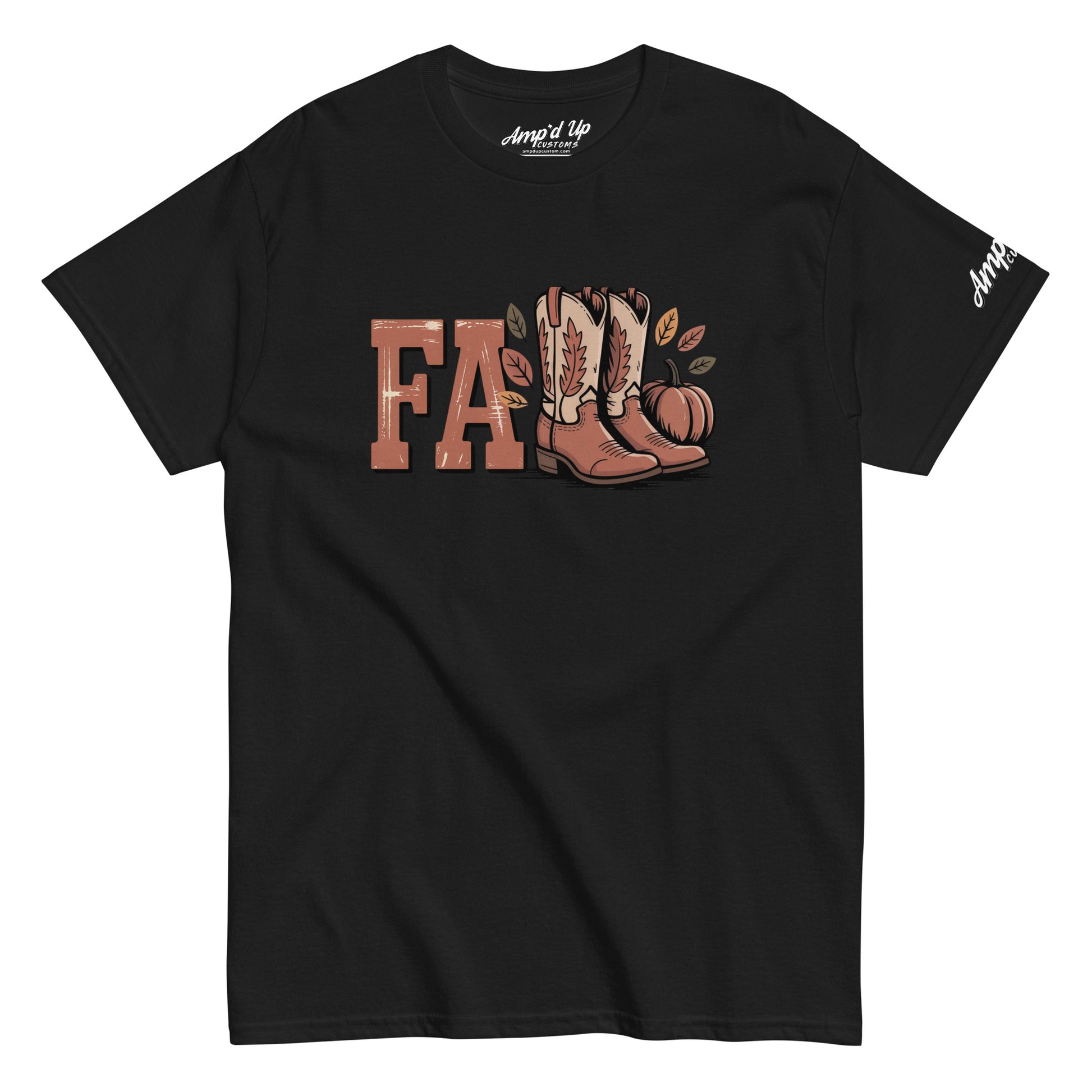 Black Southern Fall T-Shirt by Amp'd Up Custom with cowboy boots and pumpkin fall design