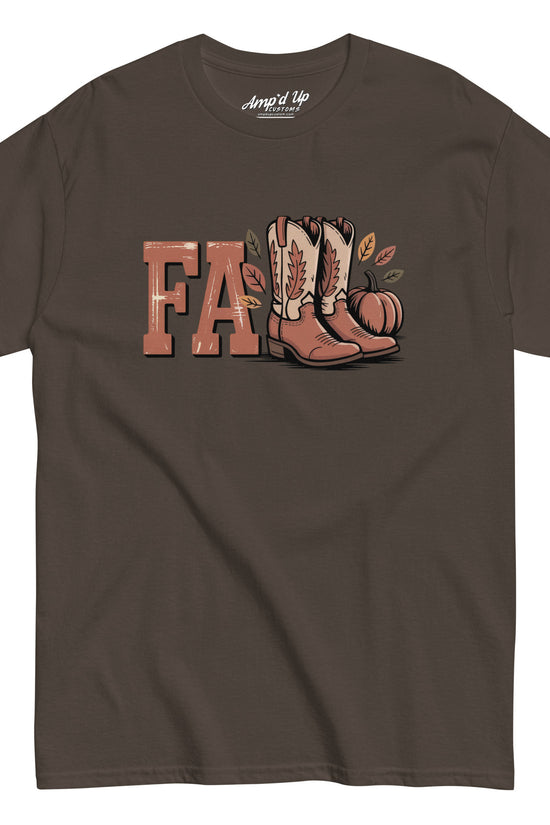 Southern Fall T-Shirt by Amp'd Up Custom with fall boots and pumpkin graphic on brown fabric