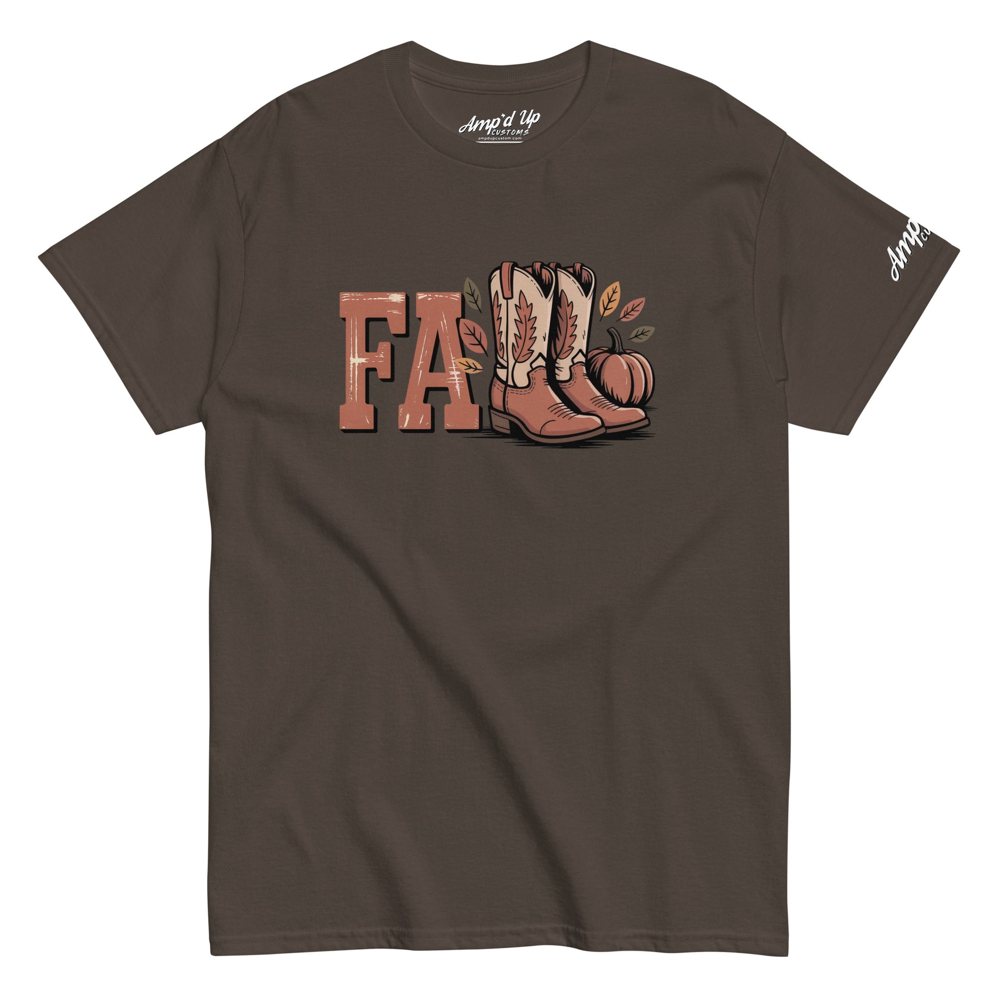 Southern Fall T-Shirt by Amp'd Up Custom with fall boots and pumpkin graphic on brown fabric