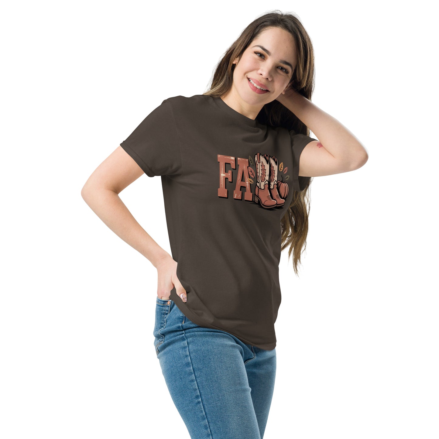 Woman wearing a brown Southern Fall T-Shirt with autumn-themed graphic and blue jeans
