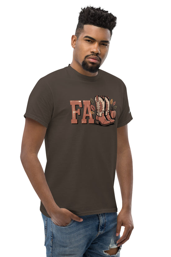 Amp'd Up Custom Southern Fall T-Shirt brown with fall boots graphic worn by man