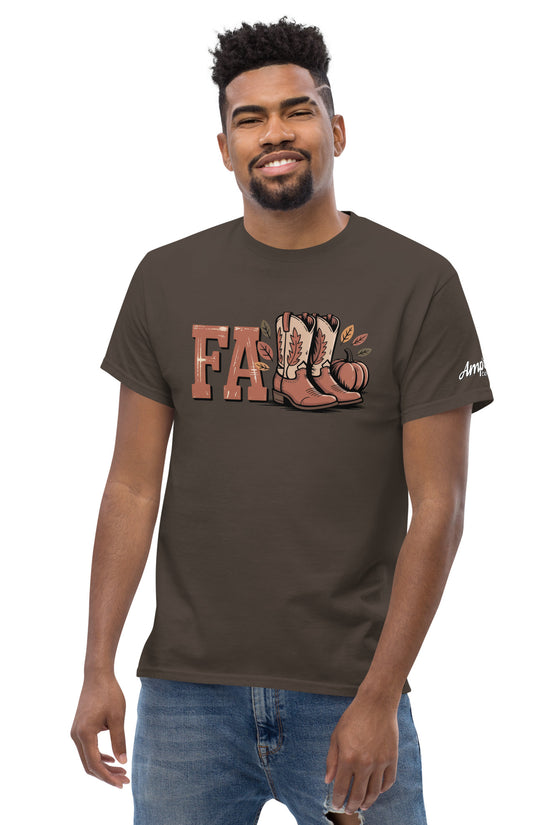 Man wearing Amp'd Up Custom Southern Fall T-Shirt in brown with fall-themed design and casual fit