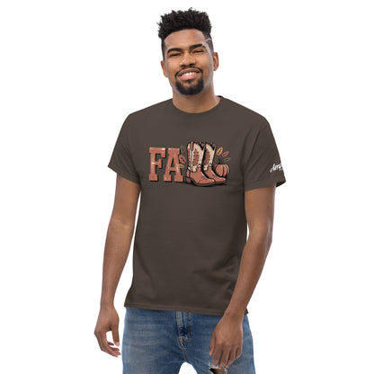Man wearing Amp'd Up Custom Southern Fall T-Shirt in brown with fall-themed design and casual fit