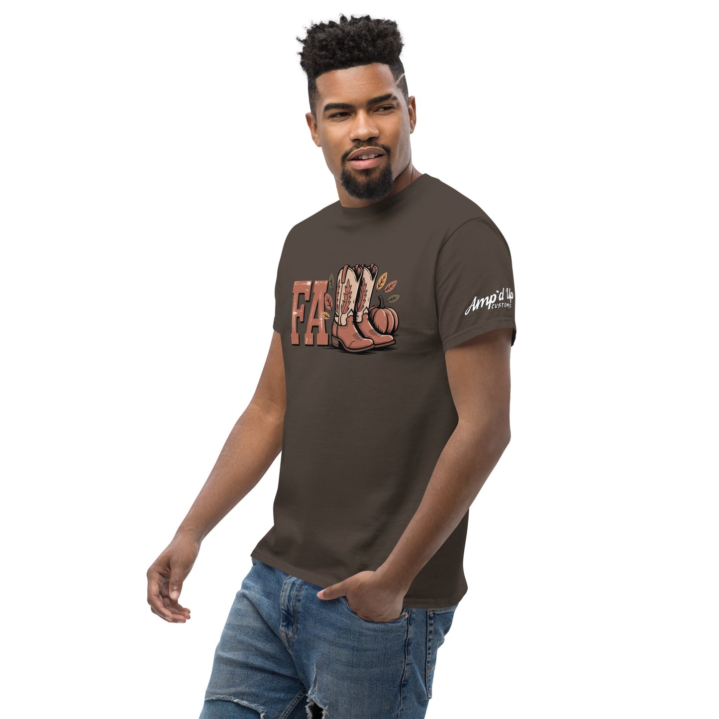 Southern Fall T-Shirt by Amp'd Up Custom featuring fall boots and leaves design on brown fabric