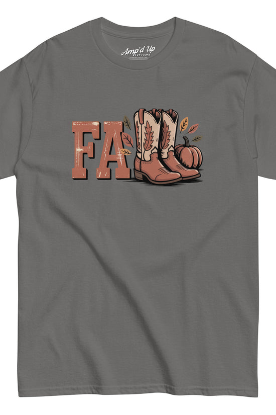 Gray Southern Fall T-Shirt by Amp'd Up Custom featuring fall boots and pumpkin graphic