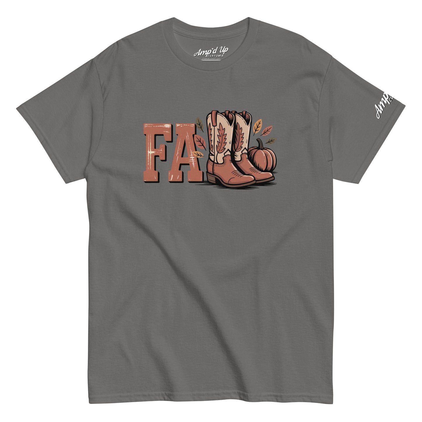 Gray Southern Fall T-Shirt by Amp'd Up Custom featuring fall boots and pumpkin graphic