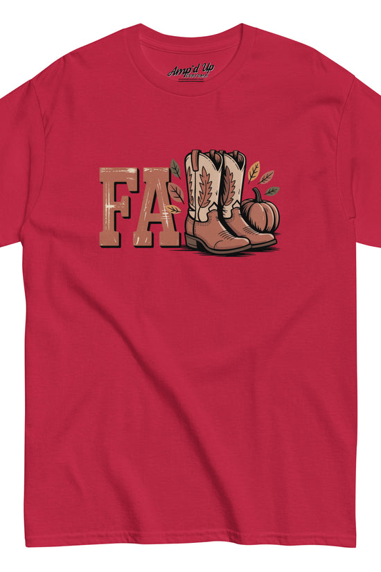 Red Southern Fall T-Shirt by Amp'd Up Custom featuring boots pumpkin and fall text design