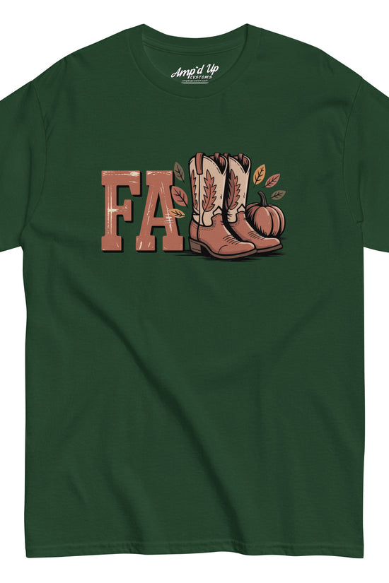 Green Amp'd Up Custom Southern Fall T-Shirt with boots and pumpkin graphic on front